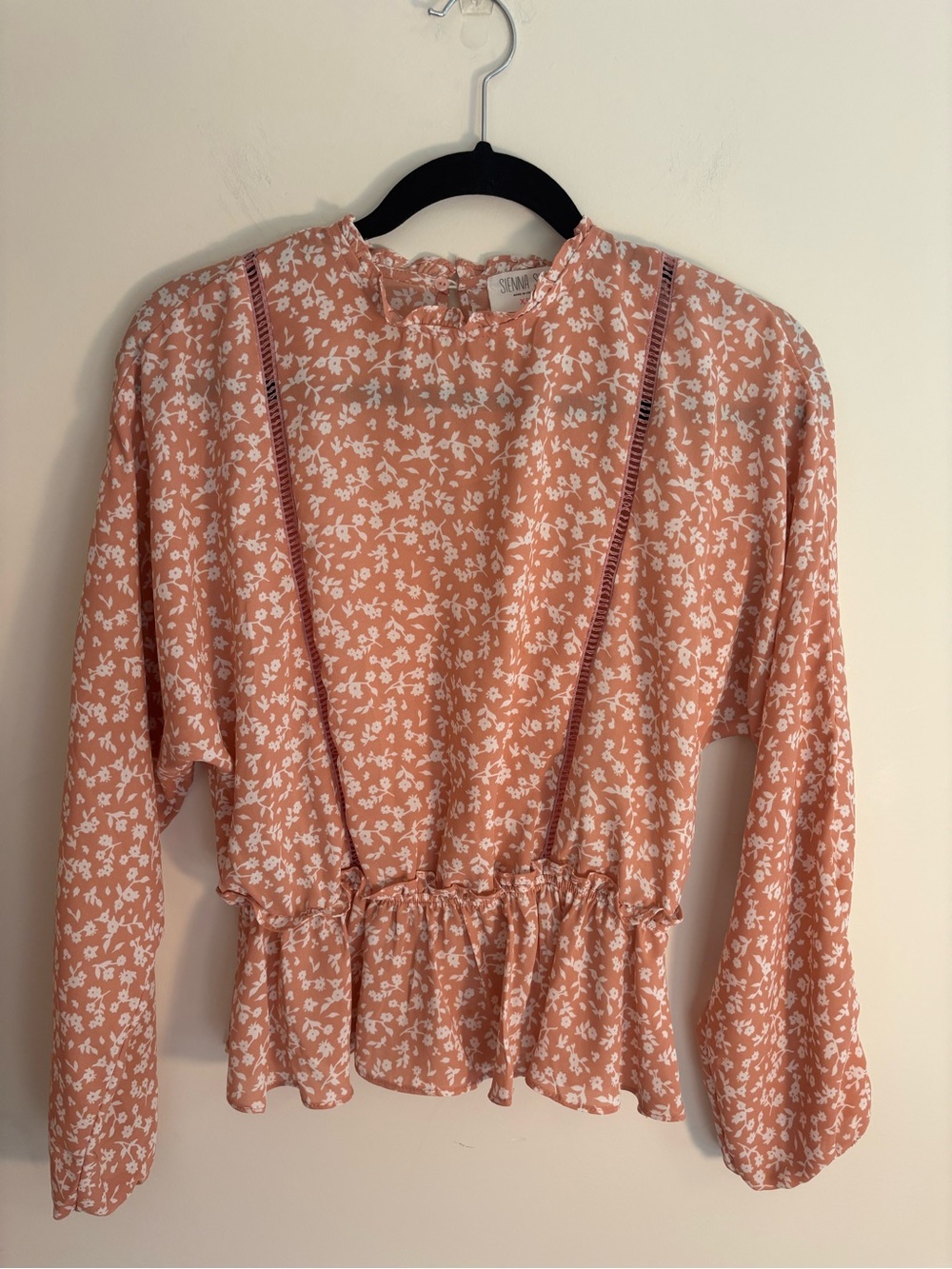 Sienna Sky Peach Floral Peplum Blouse with Ruffle Neckline Trim